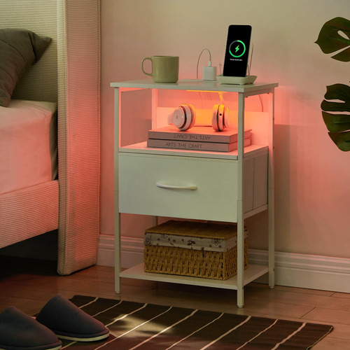 Mesita De Noche Blanca Con Carga Y Luz Led Para Dormitorio