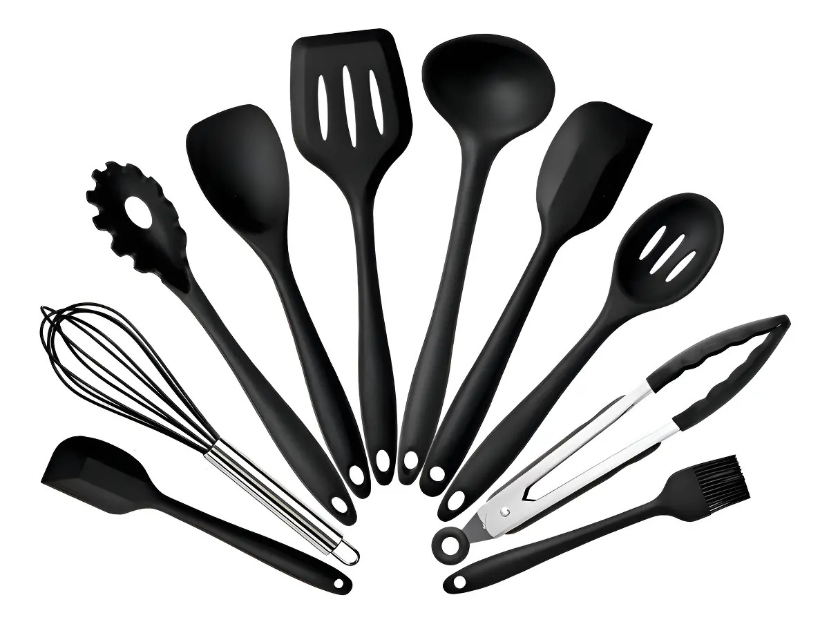 Jogo 10 Colheres De Silicone Cabo Inox Utensílios Cozinha Cor Preto