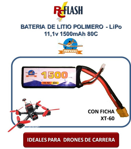 Imagen 2 de 4 de Batería Litio Lipo 3s 11.1v 1500mah 80c Racing Drone Carrera