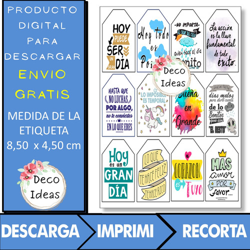 Kit Imprimible 02 Frases Color Stikers Tag Topper Emprender