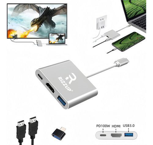 Rizzup® Adaptador Hdmi 3 En 1 Con Cable Hdmi 1 Metros Y Adaptador Usb Cable Tipo C A Hdmi 4k Entrada C Hub Puerto Usb 3.0 Convertidor De Audio Para Tv Computadora Adaptador Usb Cable Otg Celular