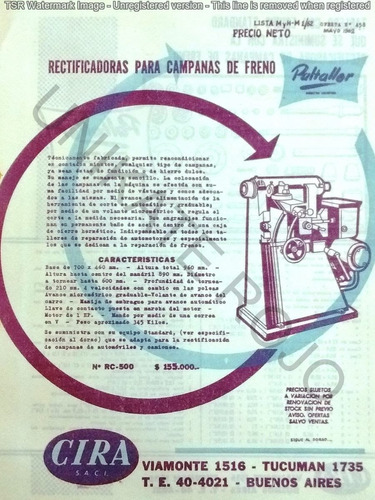 Antiguo Folleto Cira Rectificadora Campanas Freno - Año 1962