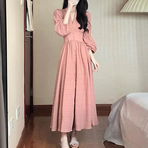 Vestido De Mujer Con Cuello En V, Vestido Rosa De Cintura Al