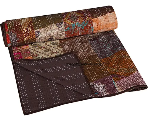 Handycraft India Patchwork Kantha - Colcha Hecha A Mano De Seda Patola Kantha Funda De Cama Tamaño King, Colcha Reversible Tamaño King, Gudri De Puntada A Mano Vintage, Decorativa, Verde (King