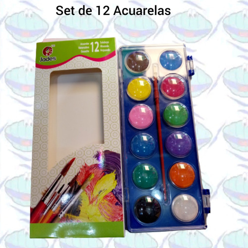 Set De 12 Acuarelas Unicolor / Acuarela Escolar 