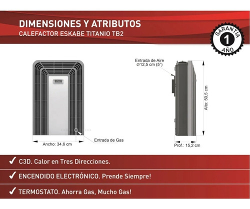 Imagen 4 de 9 de Calefactor Eskabe Titanio Tt Tb2 Te 2000 Cal Tb Termostato