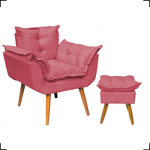 Kit Poltrona Opala Para Sala Confortável + Puff Decorativo Cor Rose Desenho Do Tecido Suede