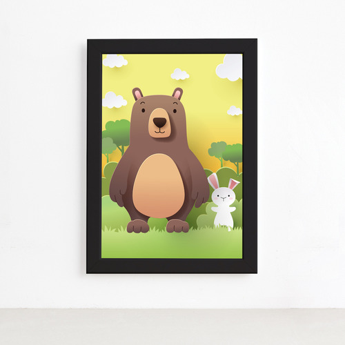 Quadro Infantil Safari Feliz Urso E Coelhinho Preto 22x32cm