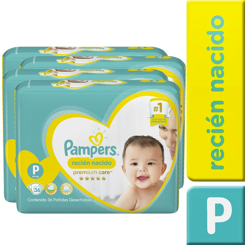 4 Paquete Pañales Pampers Premium Care 144 Unidades Talla P