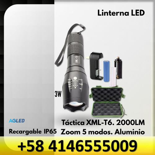 Linterna Led Recargable Tactica Xml-t6 Ip65 2000lm Zoom