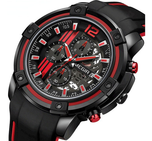 Relógio de pulso Megir MEGIR 2097G com corpo preto,  analógico, para masculino, fundo  vermelho, com correia de silica gel cor e fivela simples
