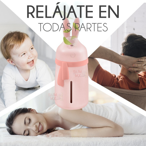 Humidificador Difusor De Aromas Diseño De Conejo Con Bufanda Con Luz Led Slim Company Para Aromaterapia, Sesiones De Relajación, Purificación Del Aire Color Rosa