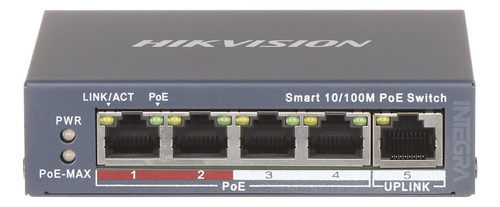 Switch 5puertos Hikvision 60w Poe Smart Poe Rj45 De 100 Mbps