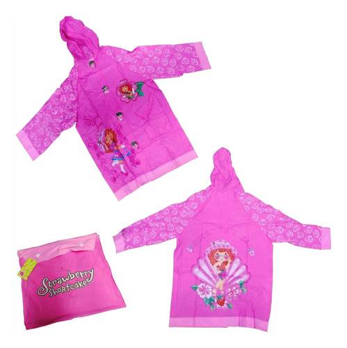 Poncho Impermeable Fresita En Peva Rosado Y Claro Para Niña