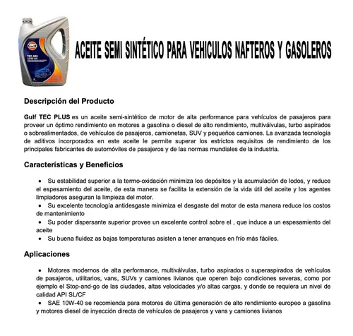 Aceite 10w40 Semisintetico Gulf Tec 4 Litros Nafta Diesel