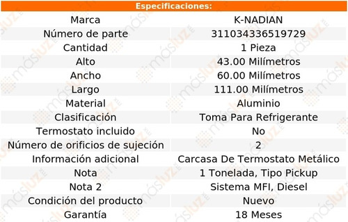 Toma De Refrigerante Aluminio 2 Pernos D150 L6 4.0l 78/80