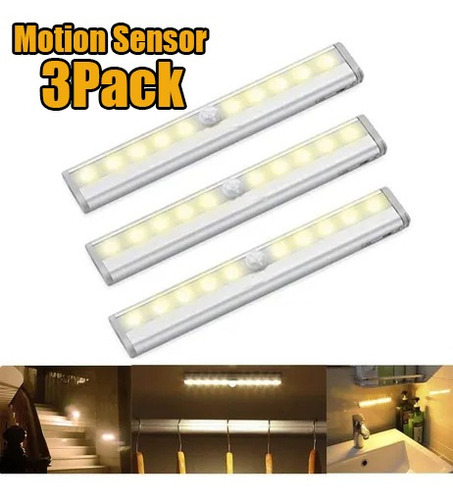 Led Lámpara Noche Luz Auto Sensor Para Gabinete Cocina 3pz