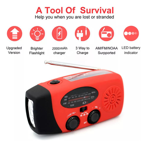 Manivela Portátil De Mão 2000mah Fm Am Wb Noaa Radio Solar R