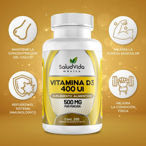 Imagen 3 de 3 de Vitamina D3 400iu 200 Cápsulas - Saludvida