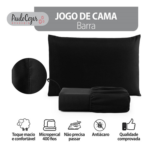 Jogo Roupa Cama Lençol Solteiro 400 Fios 2 Peças Barra Hotel Cor Preto Desenho do tecido Liso