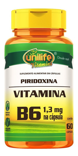 Vitamina B6 Piridoxina Unilife Suplemento 60 Cápsulas Vegan