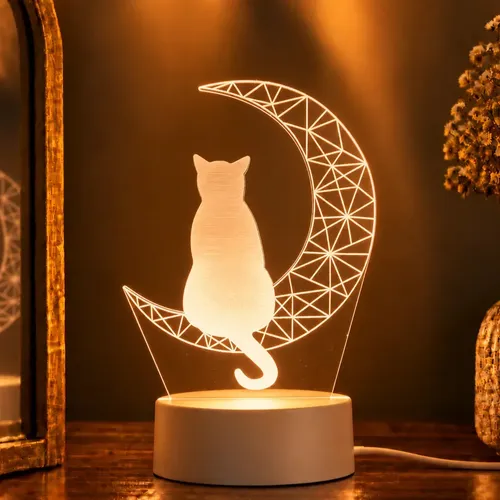 Luminária Led Gato Sozinho Na Lua - Abajur De Mesa Branco Branco