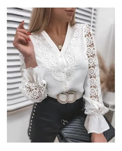 Camisa Blanca De Encaje Larga Camisa | Cuotas sin interés