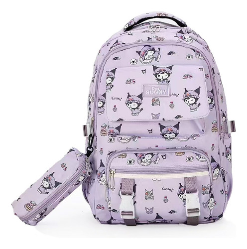 Mochila Estampada Kuromi + Estuche Para Lápices De Gran Capacidad Mochila Escolar De Varios Bolsillos Simple Y Lindo