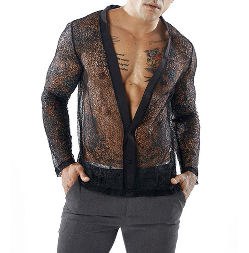 Camisas Tipo Cárdigan De Malla Para Hombre Y Color Liso Tran