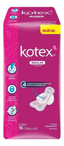 Toallas Femeninas Kotex Regular Con Alas Flujo Abundante Con