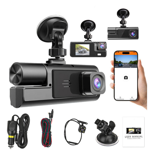 Grabadora De Coche Teléfonos Wifi Hd 1080p 3 Pantalla Cámara Monitoreo 360° En Alta Definición Conectividad Inteligente Vía Wi-fi