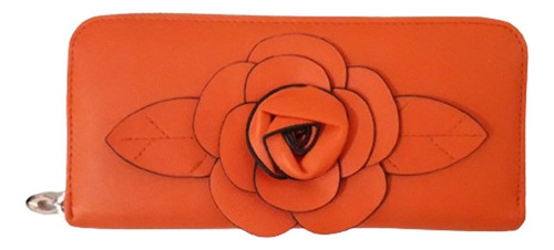 Billetera Fichero Naranja Shocking Con Aplique De Flor