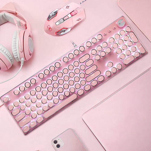 Teclado Y Mouse Tipo Máquina De Escribir Rosa, Retro, Vintage Para Juegos Con Retroiluminación Led Blanca, 104 Teclas Anti-ghosting Redondas, Interruptor Azul Con Cable, Para Escritorio O Laptop