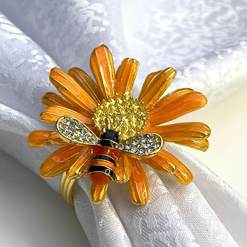 Anillo Servilletero Metálico Flor Naranja Abeja