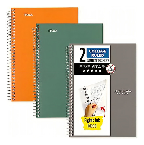 Five Star 38618 Cuadernos En Espiral, 2 Temas, Con Rayas Color Verde azulado, amarillo, lima