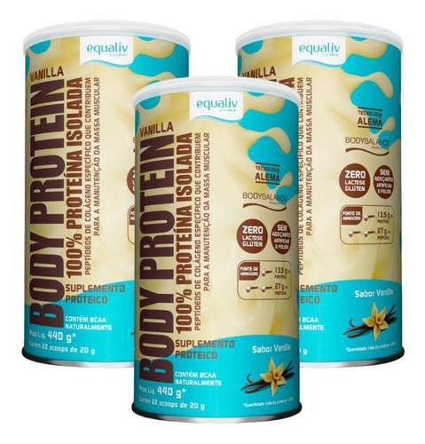 Kit 3 Body Protein 100% Sabor Baunilha 440g - Equaliv