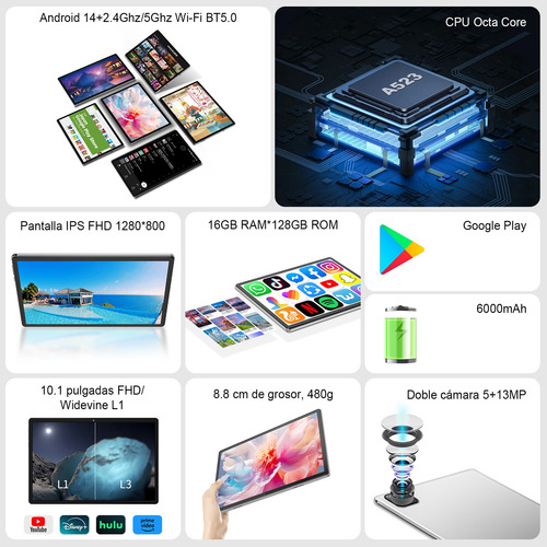 Tablet Android 14 10.1' Hd 16+128gb Ram Wifi 6 Octa-core