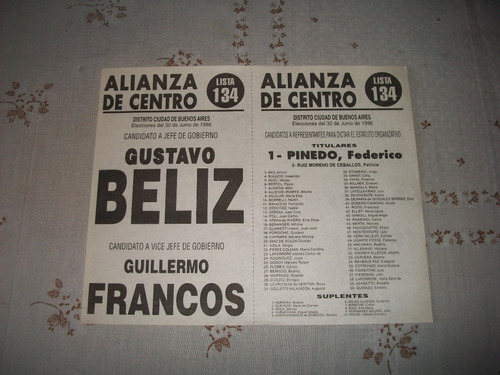 Alianza De Centro . Boleta Electoral Del 30/6/1996 .