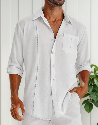 Polera De Lino De Manga Larga Guayabera For Hombre Con Bo