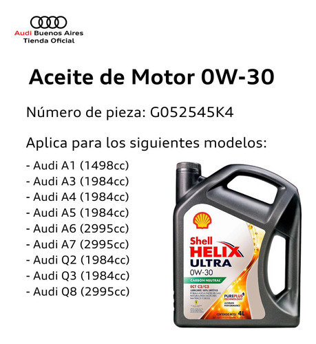 Aceite De Motor 0w-30 4 Litros Audi A1 2011 Al 2021