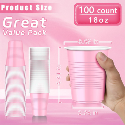 Paquete De 100 Vasos De Plástico Rosa 530 Ml Desechables