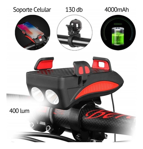 Imagen 2 de 9 de Luz De Bicicleta Delantera Recargable 4000mah + Claxón 130db