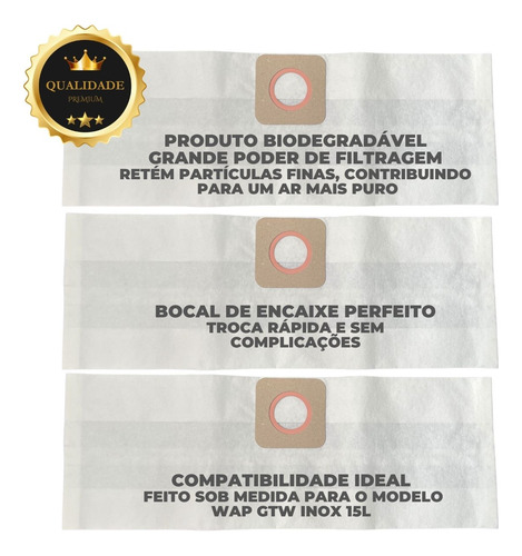 Saco Aspirador Pó Wap Gtw Inox 15lt Kit 09 Refil Descartável