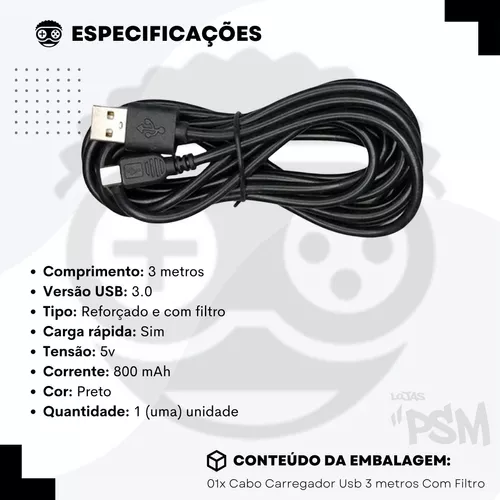 Cabo Controle 3m Compatível Xbox One S Fat Jogar Pc Note Usb