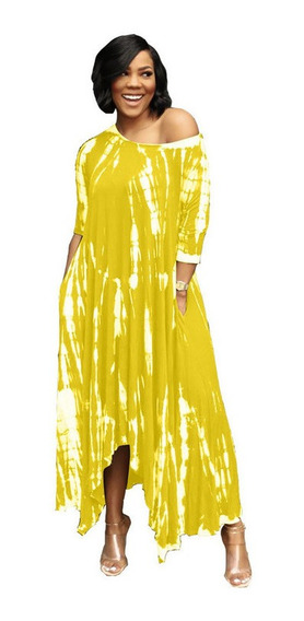 Vestido largo holgado con estampado de manga larga con efecto tie dye casual para mujer Amarillo 