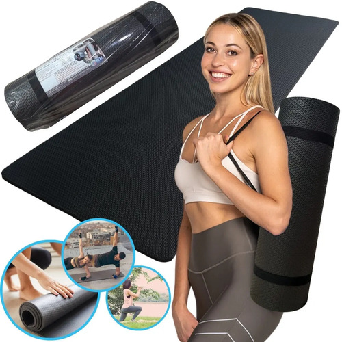 Tapete Yoga Pilates 1,80m x 53cm x 10mm Colchonete Grosso Antiderrapante para atividades Físicas Preto RDJ