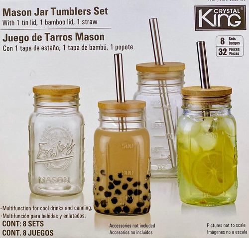 Set De 8 Tarros Mason Con Tapas De Estaño,bambú, Popotes