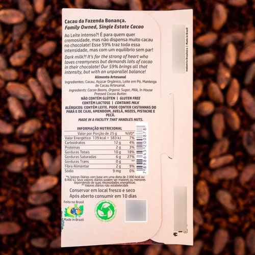 Chocolate Ao Leite Intenso 59% - Mestiço - 60g