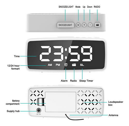 Reloj Despertador Digital, Pantalla Led Con Espejo De 5.1 Pu
