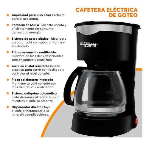 Cafetera Semiautomatica De Goteo 650ml Filtro Permanente Negro